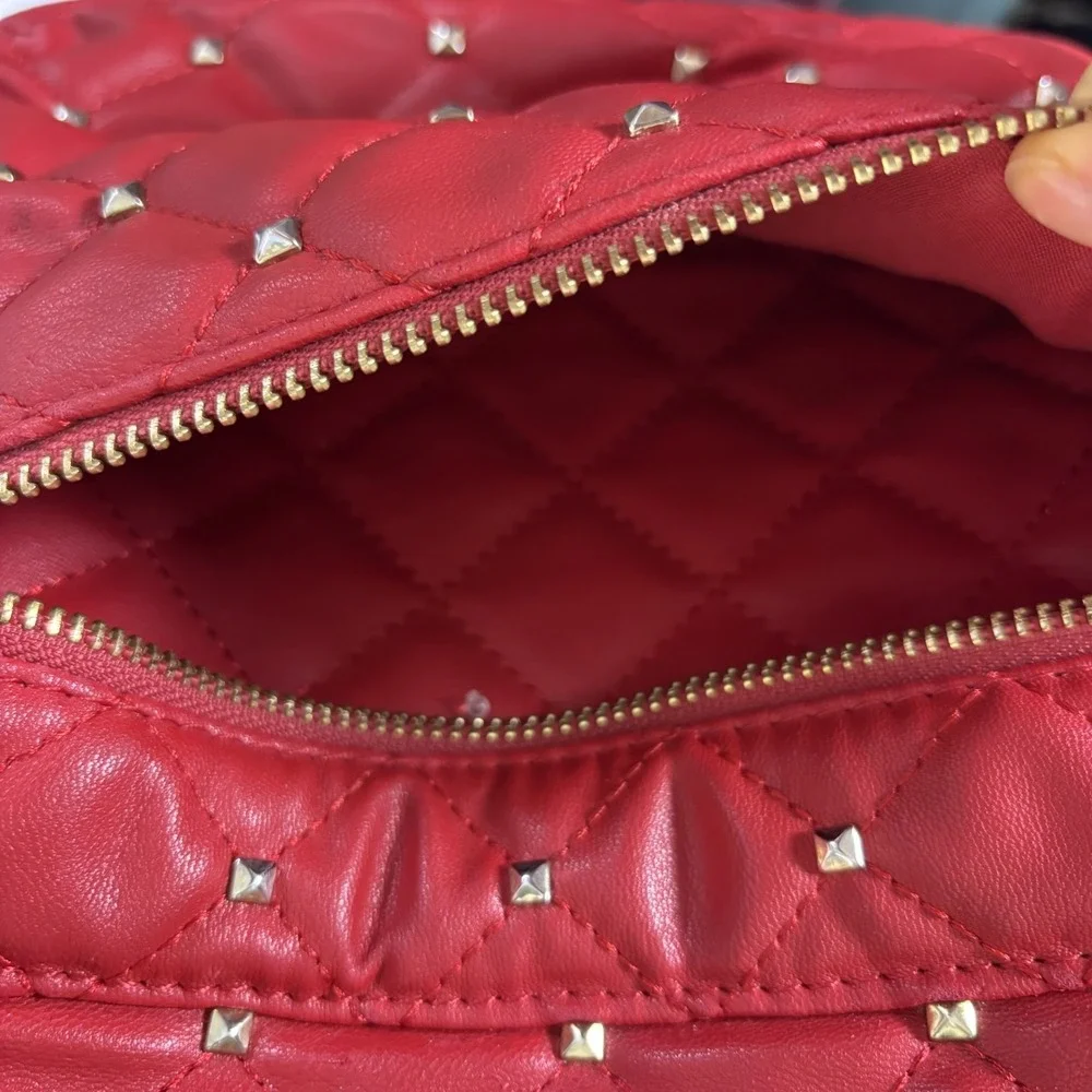 Badgley Mischka Backpack Womens Small Red Quilted Studded‎ BM Logo Edgy Designer